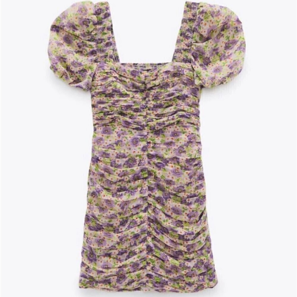 Zara Purple Floral Ruched Dress